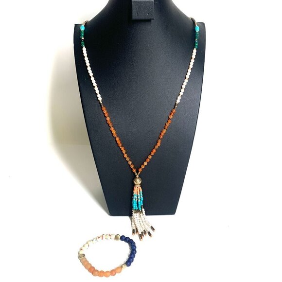 Boho Tassel Beaded Necklace & Stretch Bracelet Set Blue Coral Cream 36"L - Picture 1 of 6